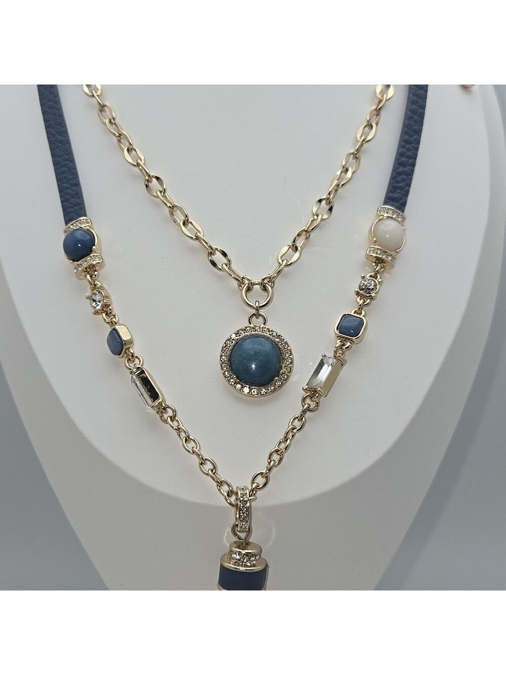 White House Black Market WHBM Gold and Blue Leather Layered Necklace